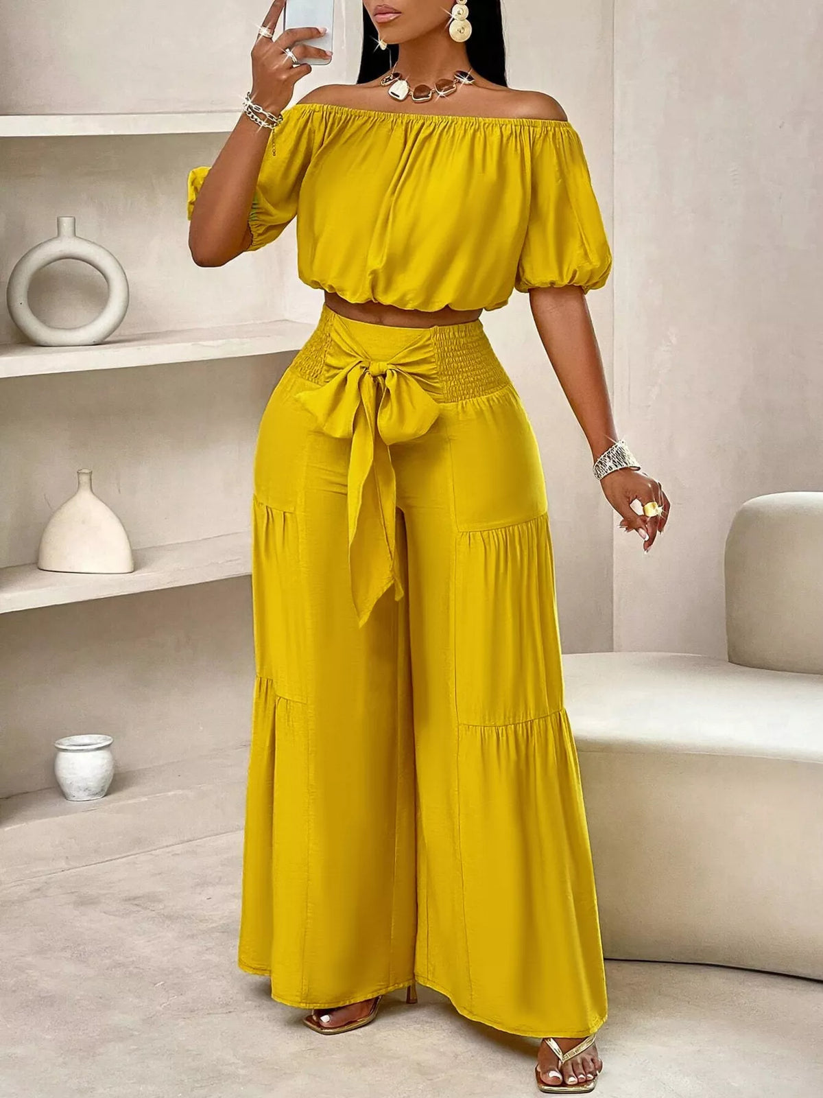 The Golden Escape Bow-Waist Pants Set