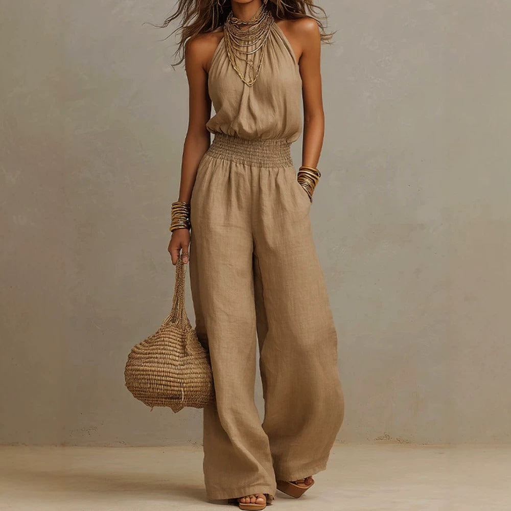 Halter-Neck Backless Wide-Leg Jumpsuit | Solid Color Sleeveless One-Piece