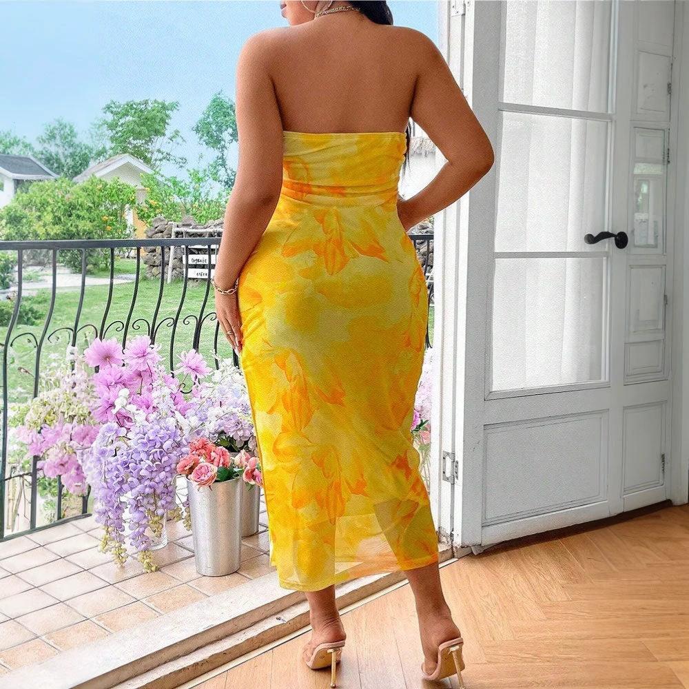 The Golden Bloom Strapless Floral Dress