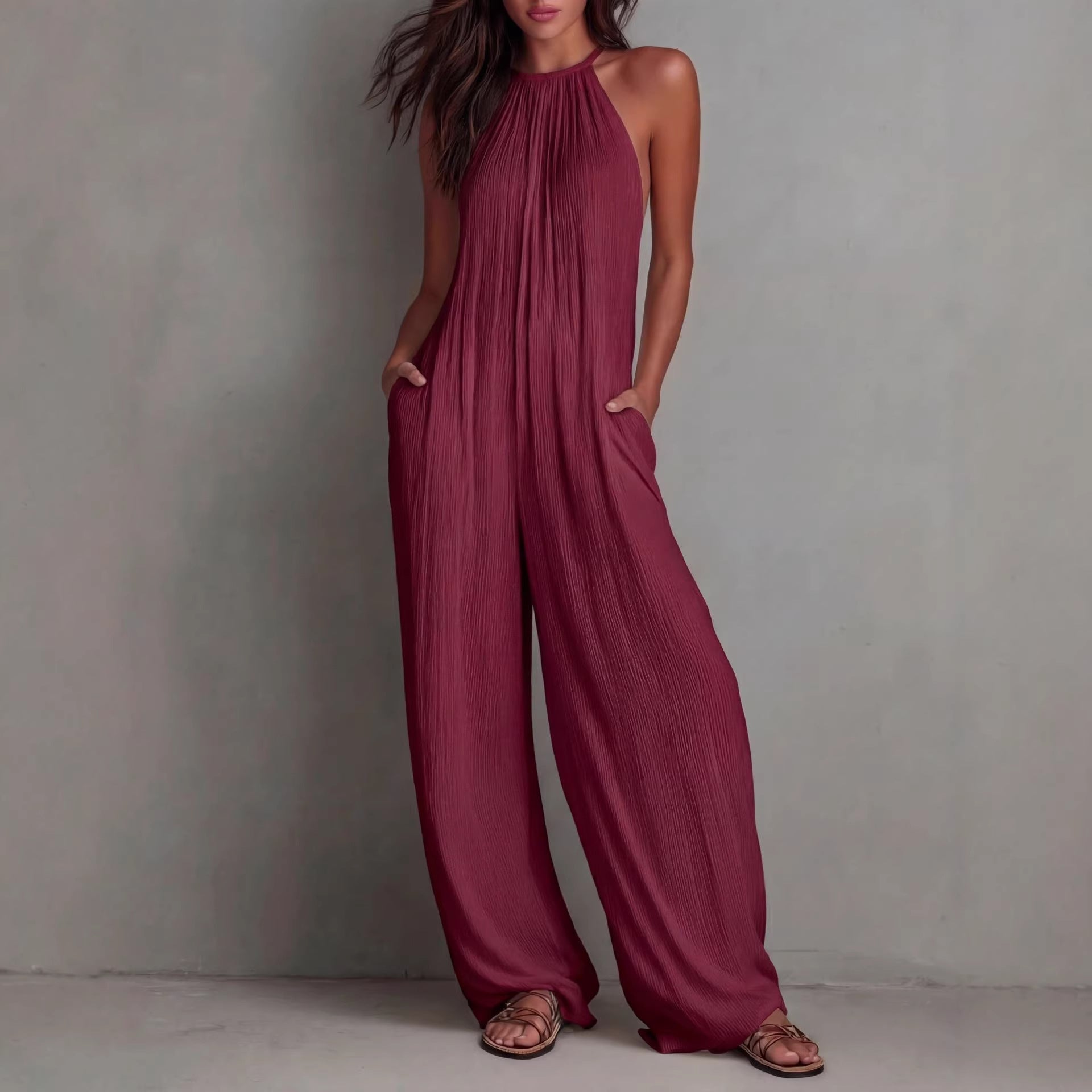 Halter Neck Wide-Leg Pleated Jumpsuit | Pockets Relaxed Full Length