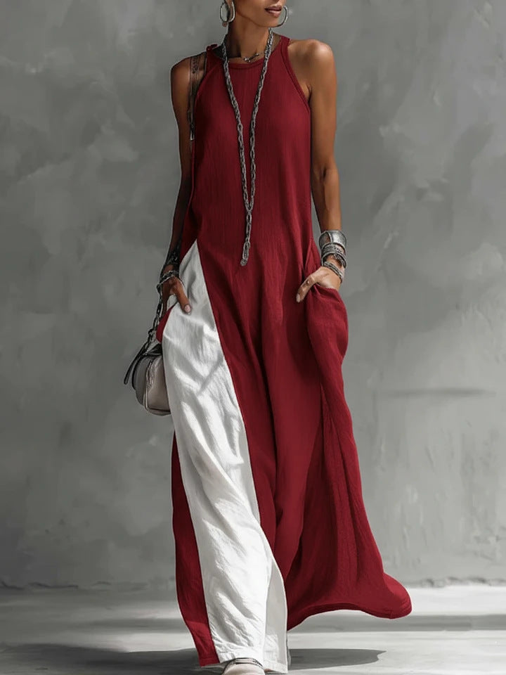 Color Block Sleeveless Maxi Dress | Crew Neck Pockets Side Slit Loose
