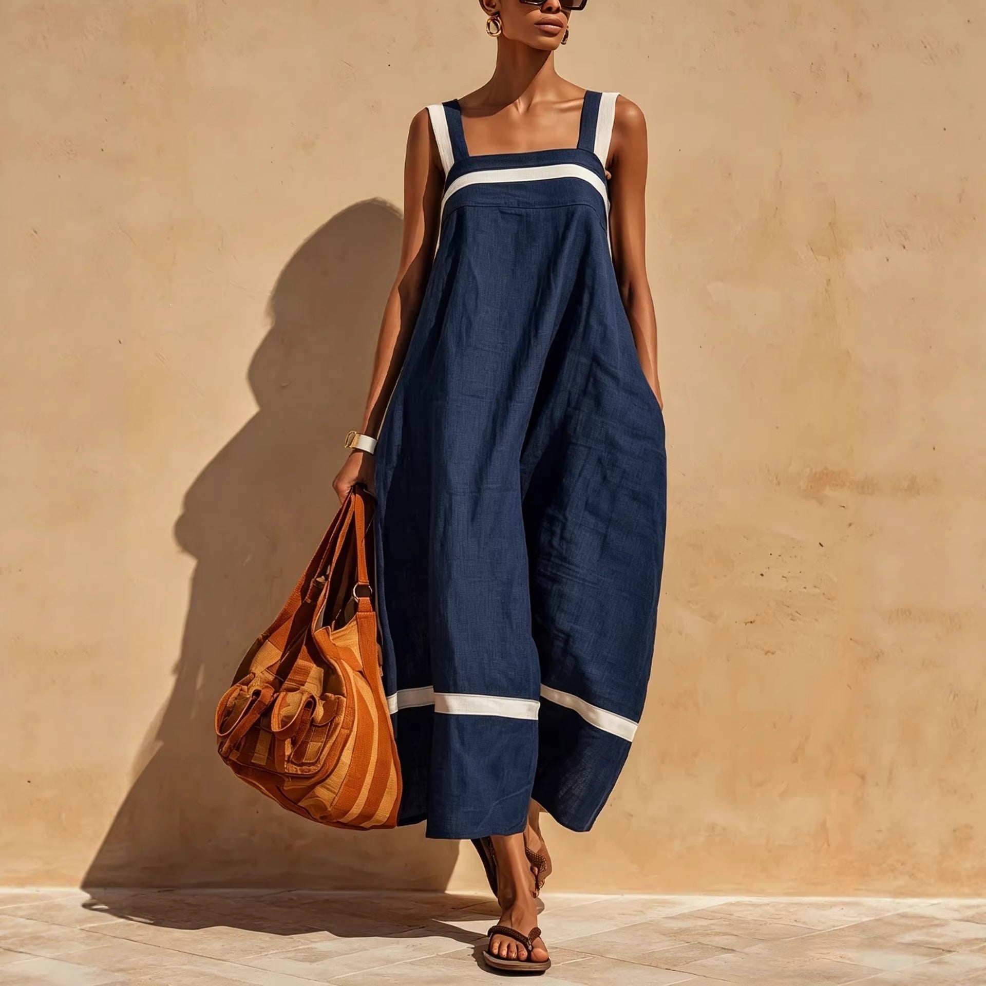 Contrast Strap Linen-Blend Midi Dress | Square Neck Loose Relaxed Fit