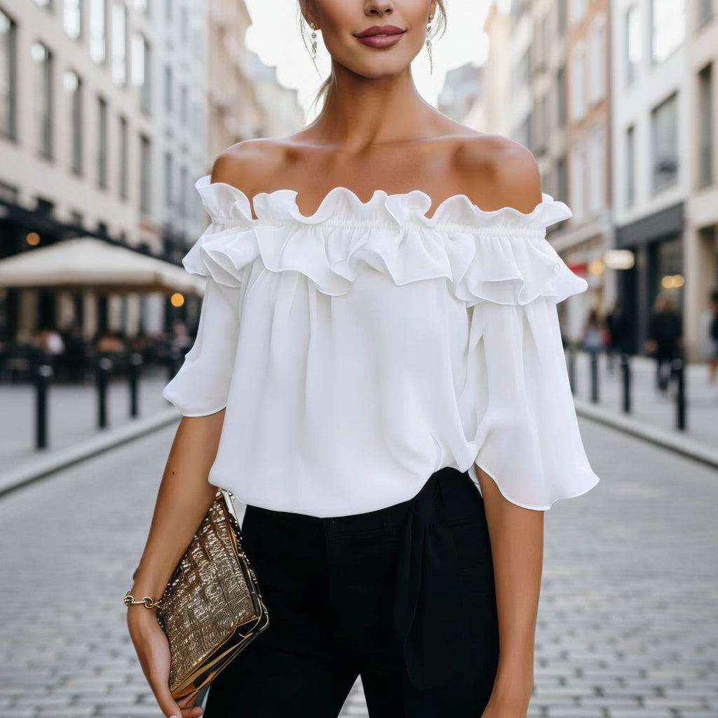 Off-Shoulder Ruffle Top – Short Sleeve Chiffon Blouse