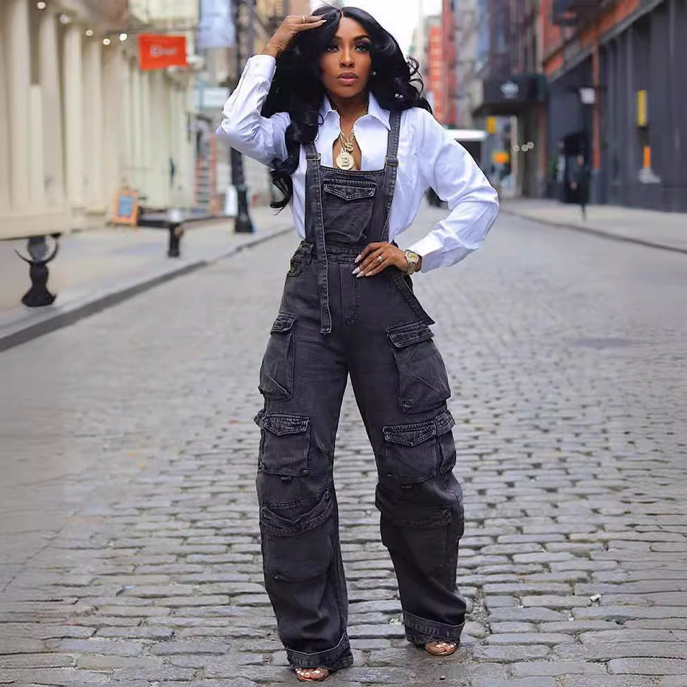 Denim Cargo Overall Jumpsuit | Wide-Leg Bib Multi-Pocket Loose Fit