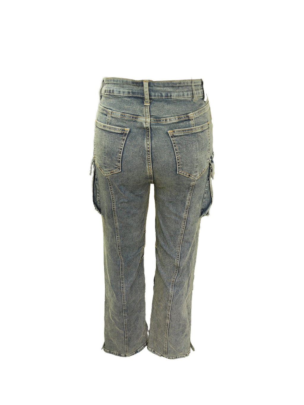 Distressed Washed Denim Cargo Jeans | Multi-Pocket Wide Leg
