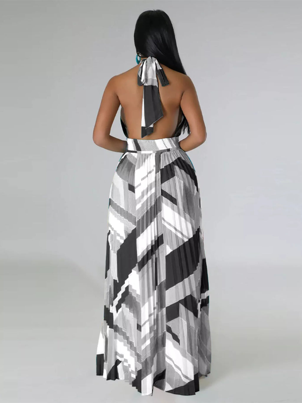 The Halter Geometric Pleated Maxi Dress