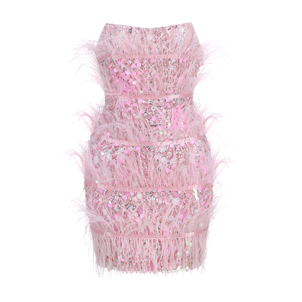 The Pink Spotlight Sequin & Feather-Trim Mini Dress