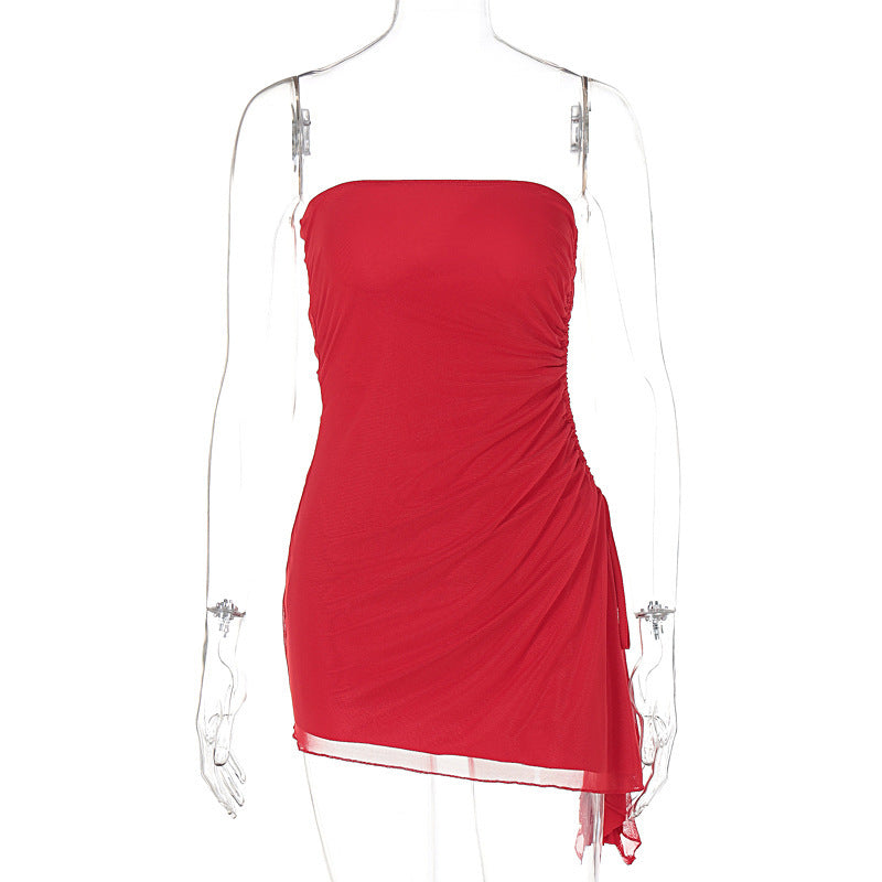 Strapless Ruched Mesh-Hem Backless Mini Dress