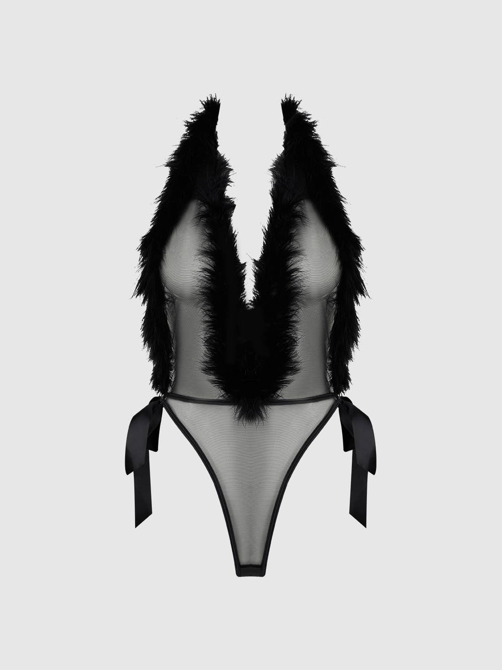 Admire Feather-Trim Mesh Plunge Teddy