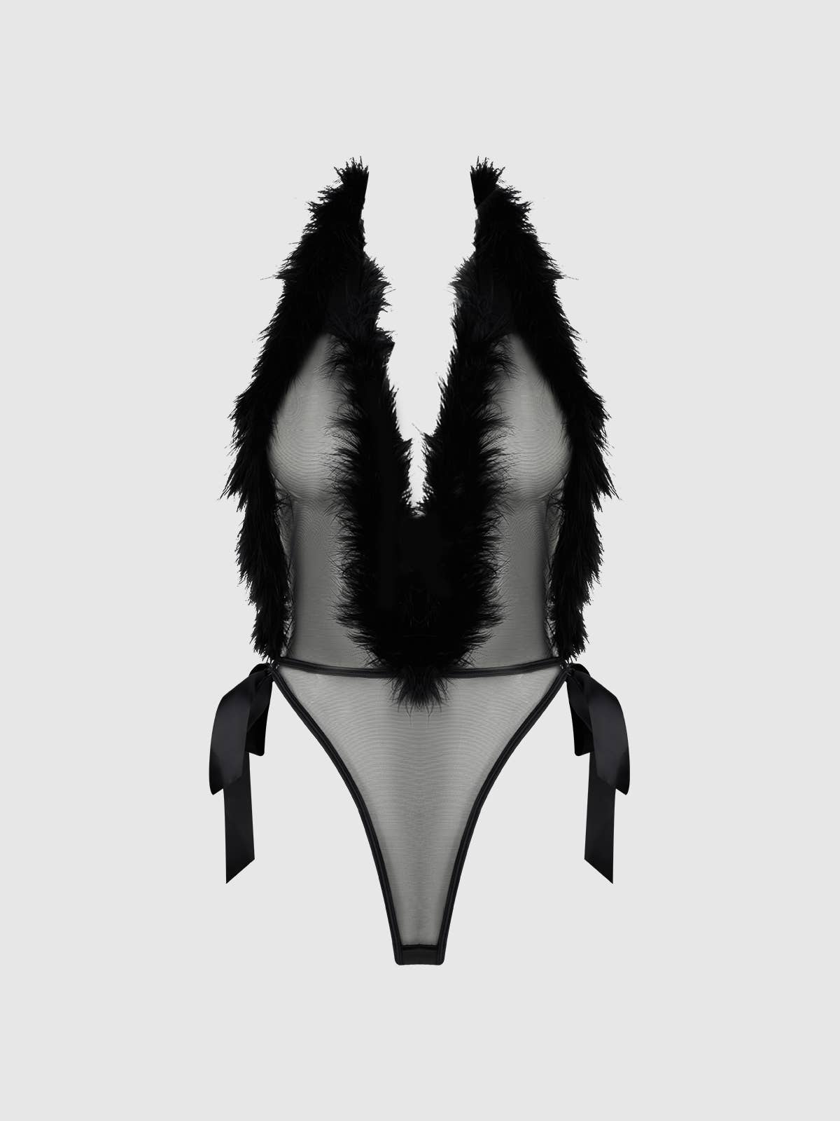 Admire Feather-Trim Mesh Plunge Teddy