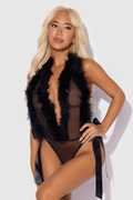 Admire Feather-Trim Mesh Plunge Teddy