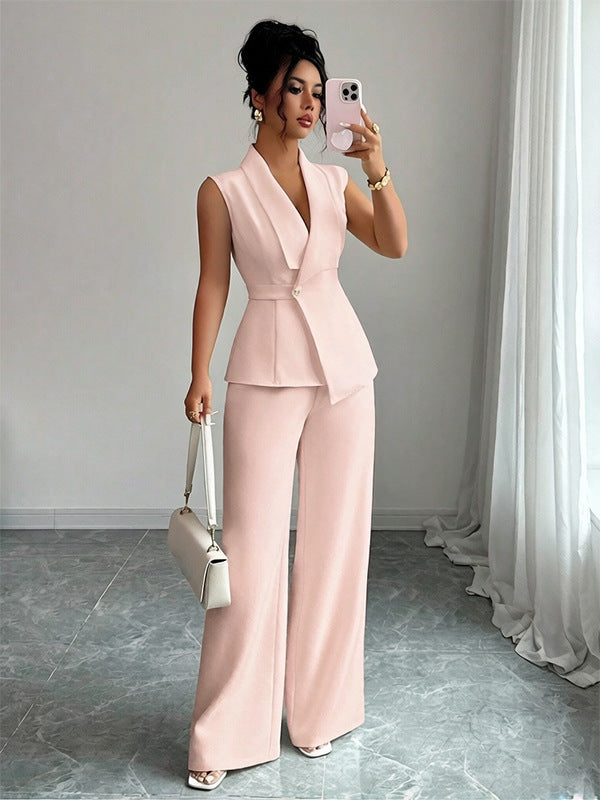 Sleeveless Blazer & Straight-Leg Pants Two-Piece Set