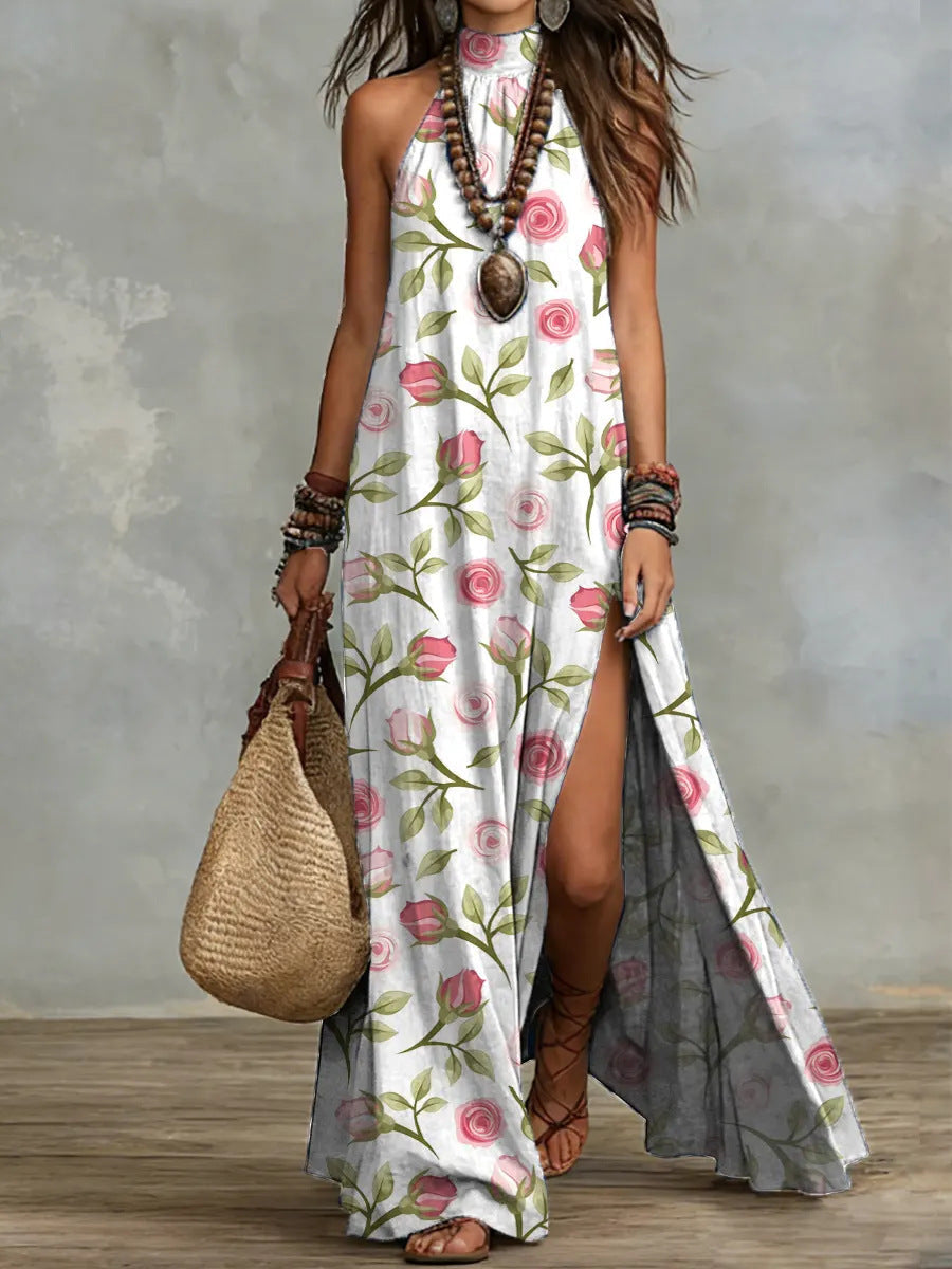 Sleeveless Split Maxi Dress | Floral & Leopard Print Floor-Length Dress