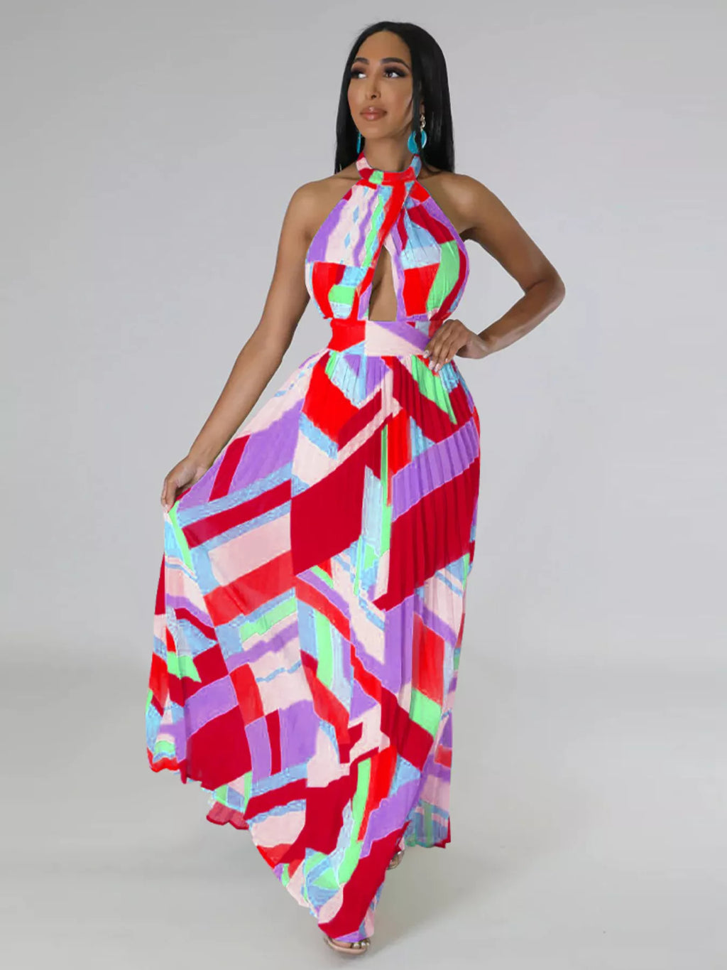 The Halter Geometric Pleated Maxi Dress