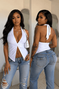 Aliyah Halter Top | Deep V-Neck Front Knot Backless Cropped