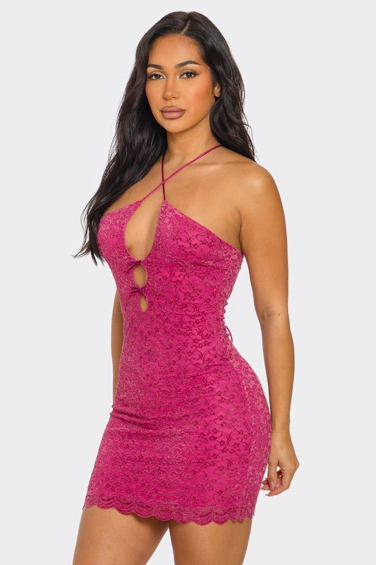 Amore Lace Tie-String Halter Deep Plunge Double Bow Keyhole Cutout Bodycon Lace Mini Dress