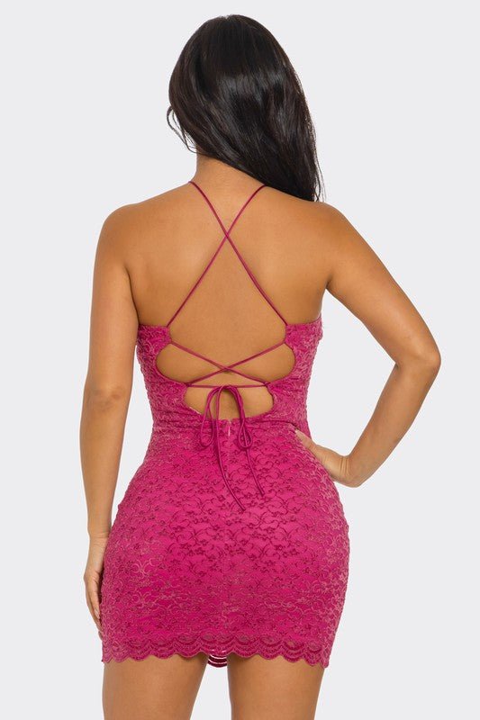 Amore Lace Tie-String Halter Deep Plunge Double Bow Keyhole Cutout Bodycon Lace Mini Dress