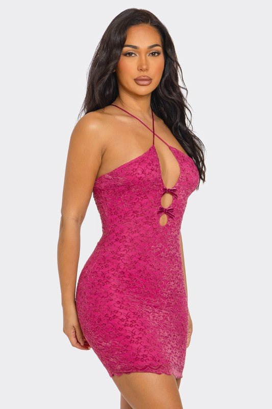 Amore Lace Tie-String Halter Deep Plunge Double Bow Keyhole Cutout Bodycon Lace Mini Dress