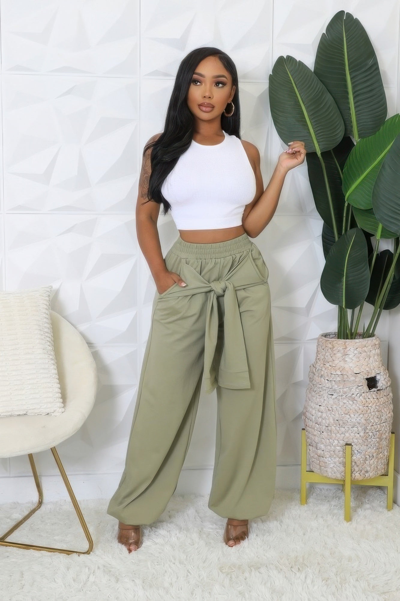High-Waist Wide Leg Paperbag Pants | Self-Tie Bow Sash