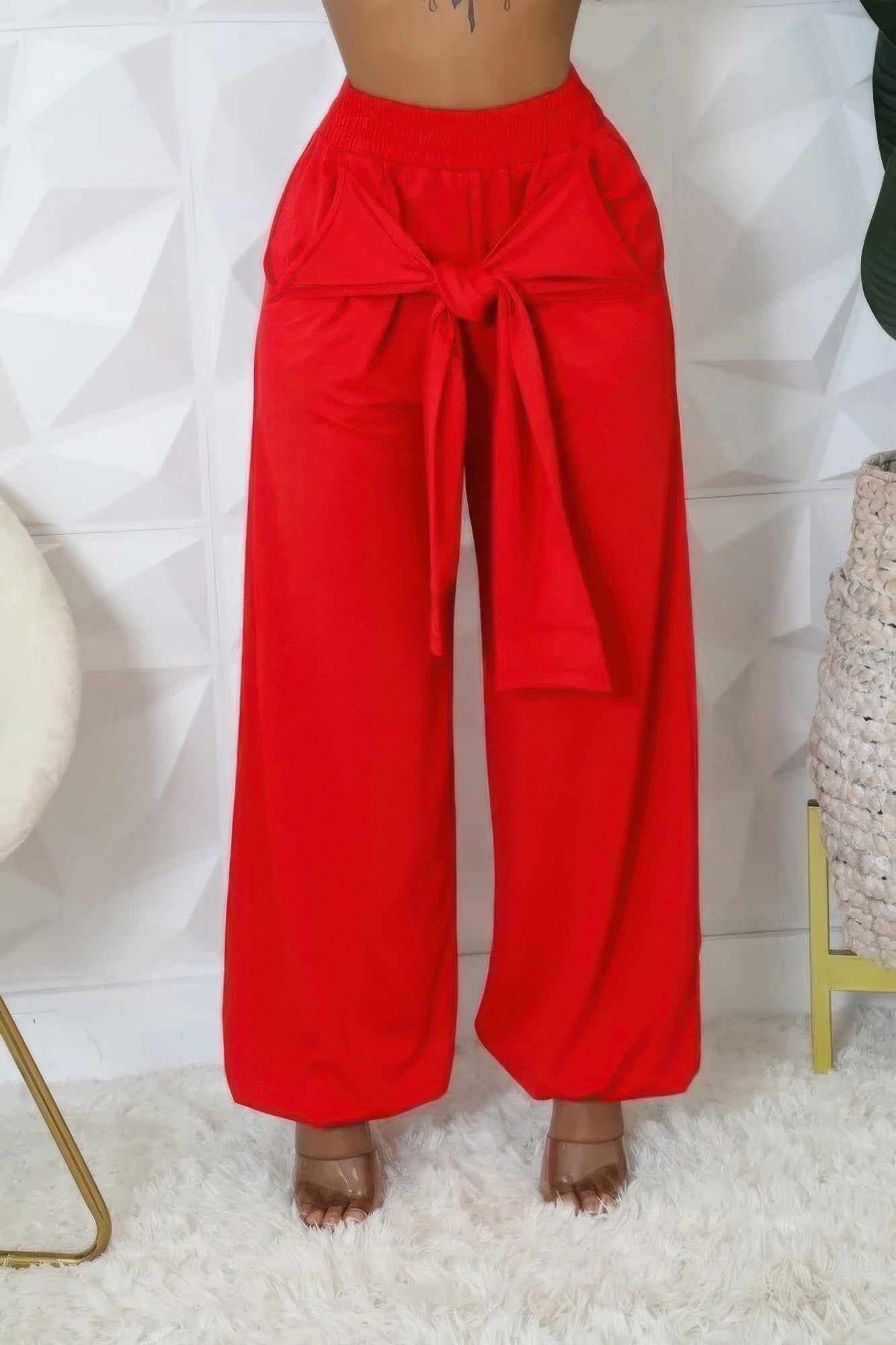 High-Waist Wide Leg Paperbag Pants | Self-Tie Bow Sash