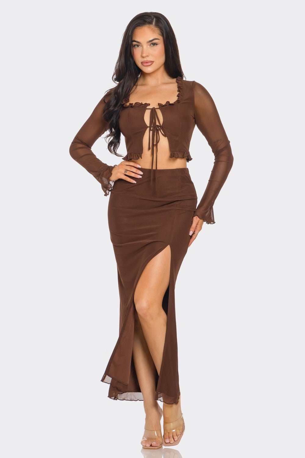 Aria Tie-Front Mesh Crop Top & Maxi Skirt Set | Bell Sleeve Two-Piece