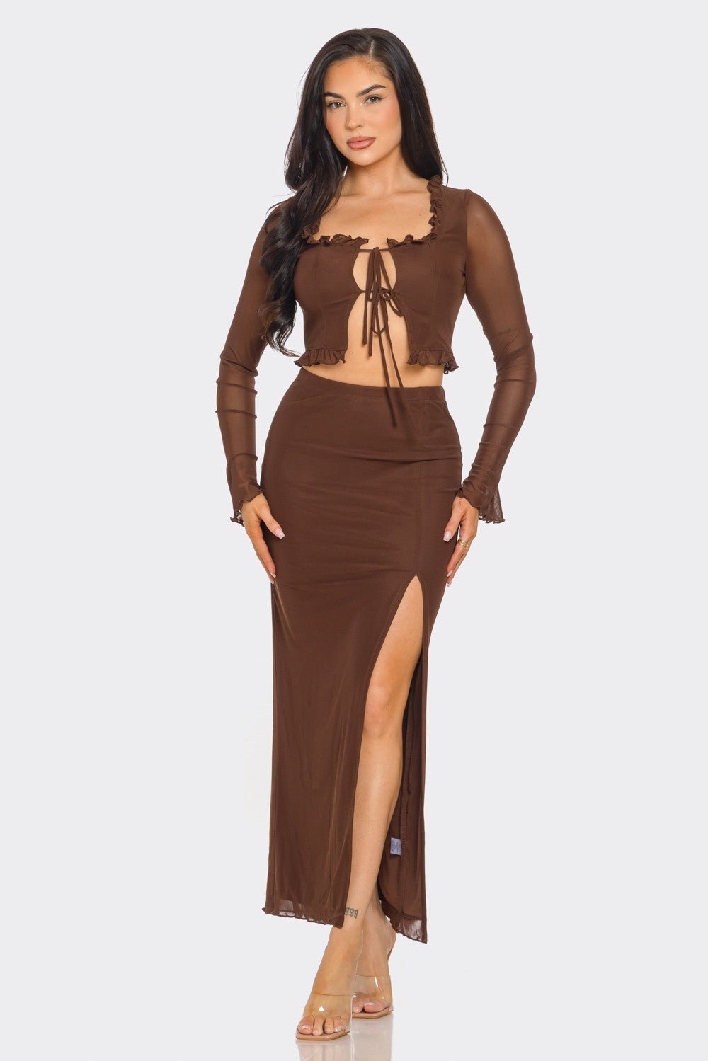 Aria Tie Front Long Sleeve Top &amp; Maxi Skirt Set – Sexy Two-Piece Outfit