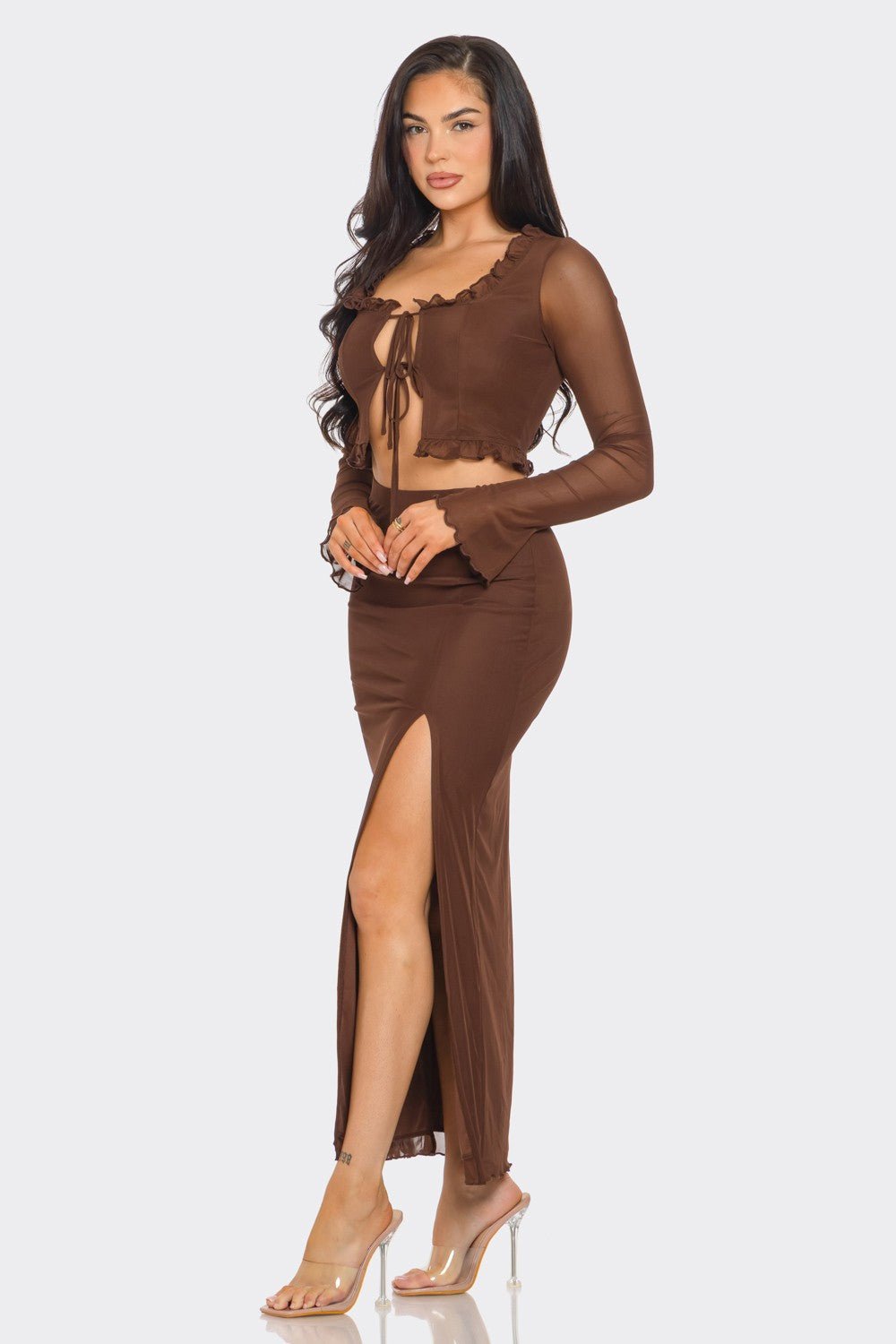 Aria Tie Front Long Sleeve Top &amp; Maxi Skirt Set – Sexy Two-Piece Outfit