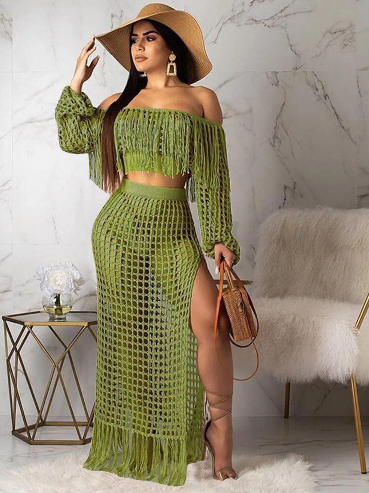 The Coastal Fringe Crochet Skirt Set