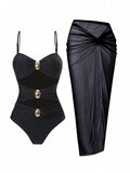 Black Gold Hardware Halter Bikini & Sheer Mesh Maxi Skirt Set