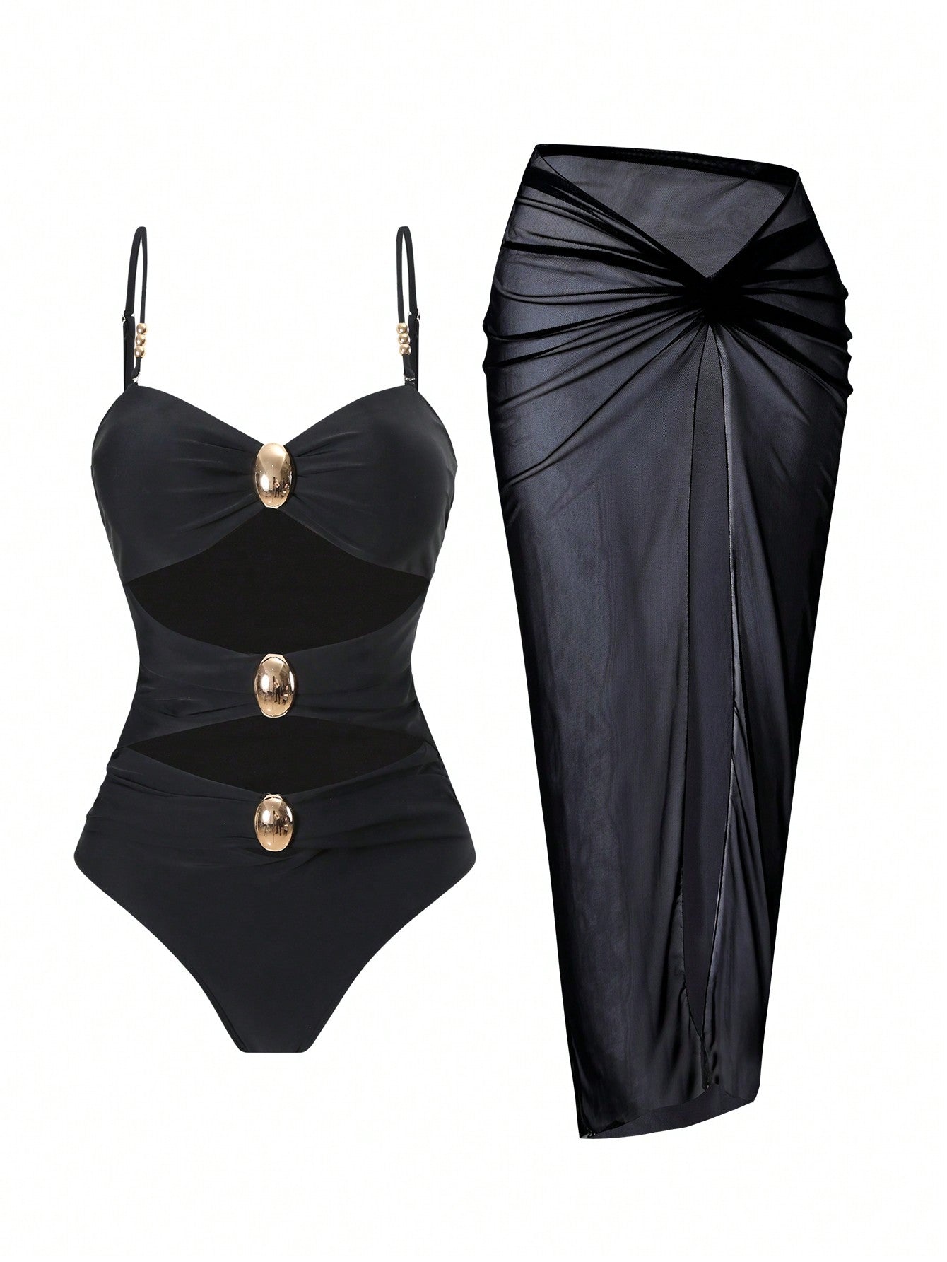 Black Gold Hardware Halter Bikini & Sheer Mesh Maxi Skirt Set