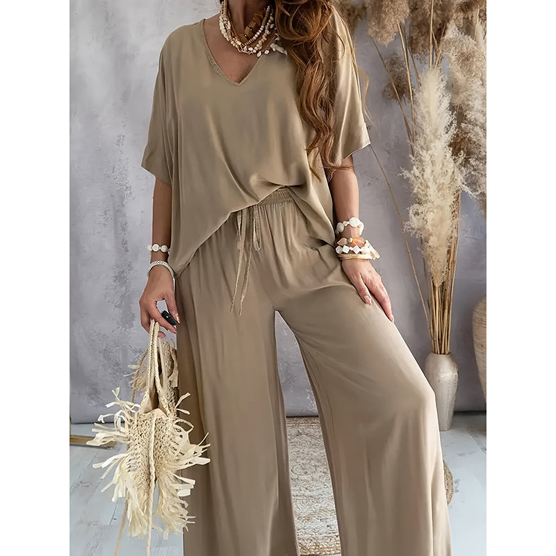 Lounge Set with Wide-Leg Pants | V-Neck Half-Sleeve 2-Piece