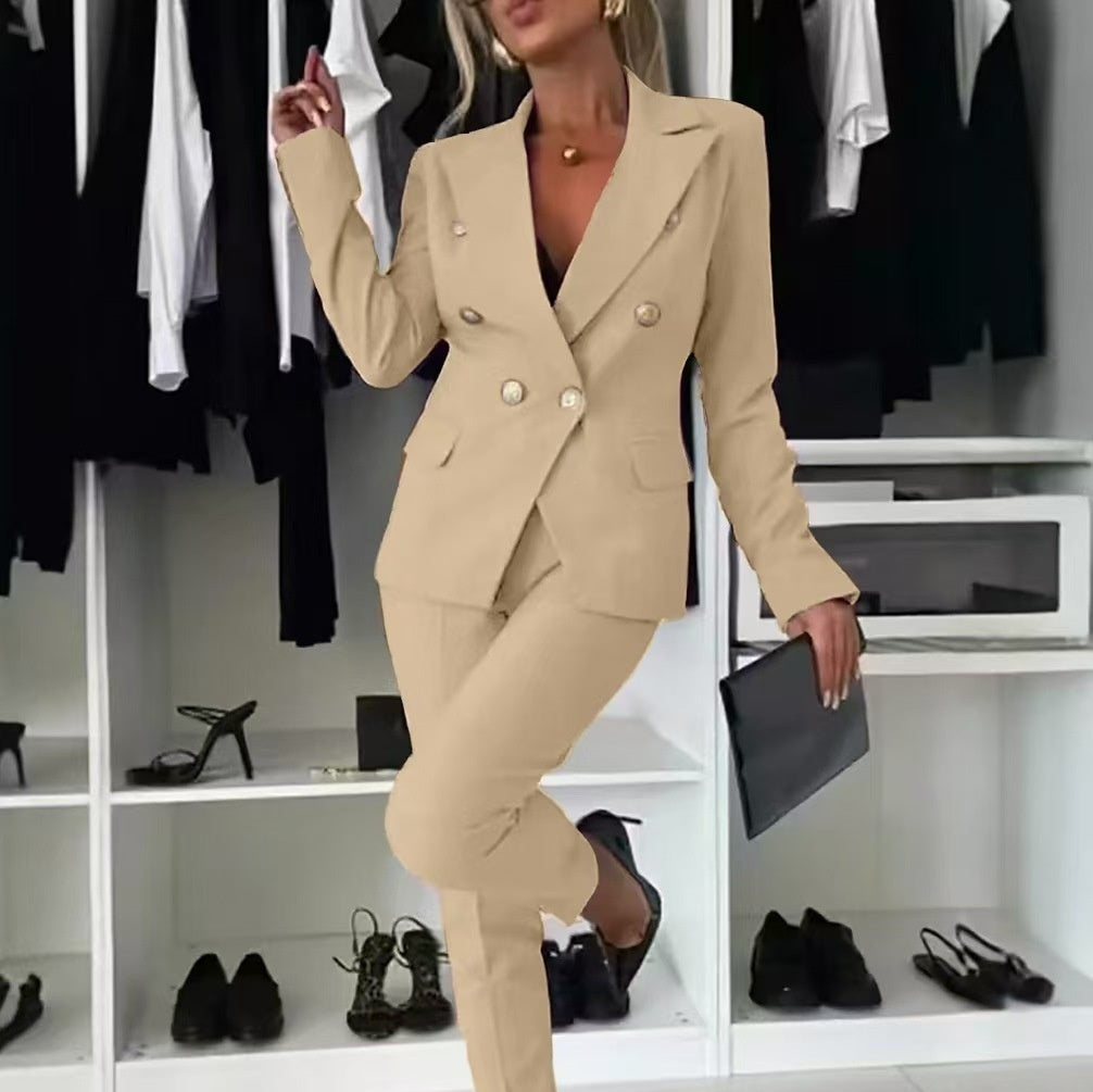Double-Breasted Lapel Blazer & Zip-Up Trousers Suit | Women's Two-Piece Commute Set