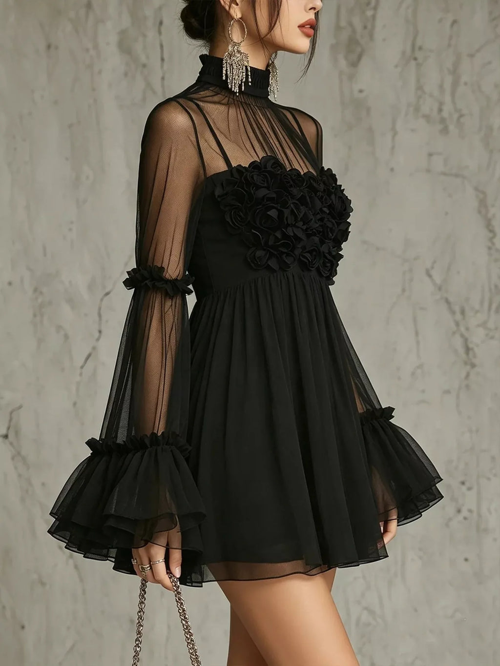The Sheer Mesh Flare Sleeve Mini Dress