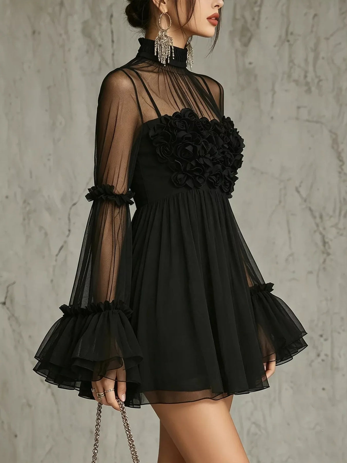The Sheer Mesh Flare Sleeve Mini Dress