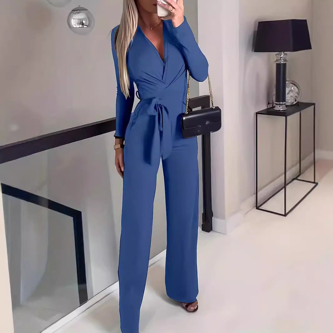 Deep V-Neck Wrap Belted Wide-Leg Jumpsuit