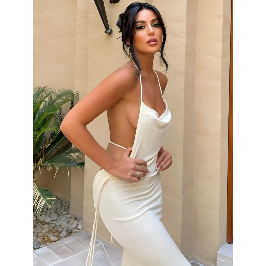 Cowl Neck Spaghetti Strap Backless Maxi Dress | Trailing Tie Back