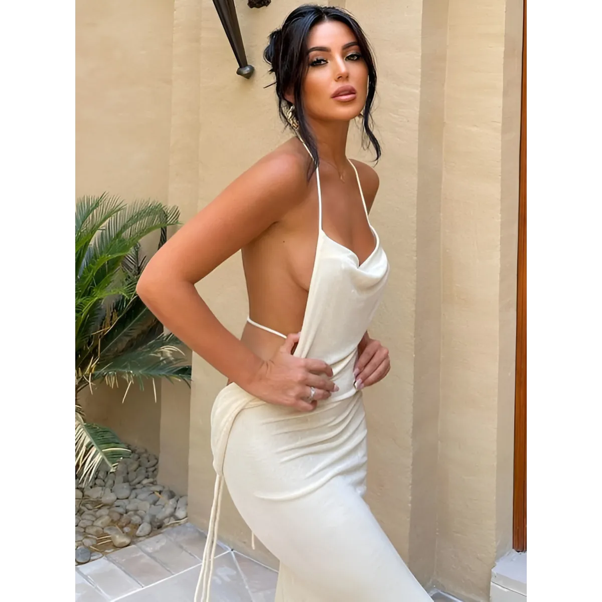 Cowl Neck Spaghetti Strap Backless Maxi Dress | Trailing Tie Back