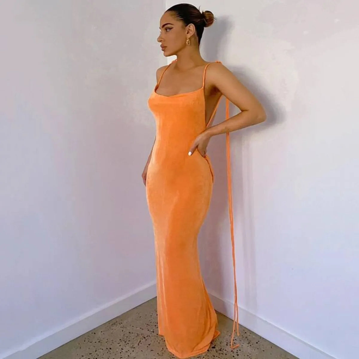 Cowl Neck Spaghetti Strap Backless Maxi Dress | Trailing Tie Back