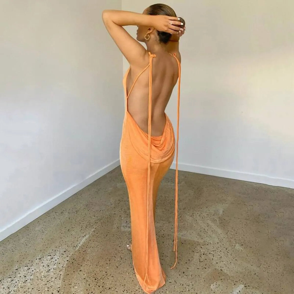 Cowl Neck Spaghetti Strap Backless Maxi Dress | Trailing Tie Back