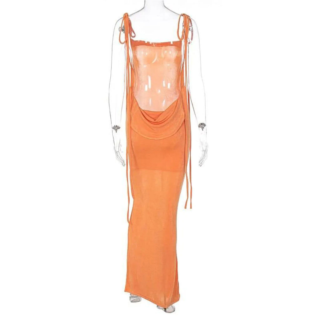 Cowl Neck Spaghetti Strap Backless Maxi Dress | Trailing Tie Back