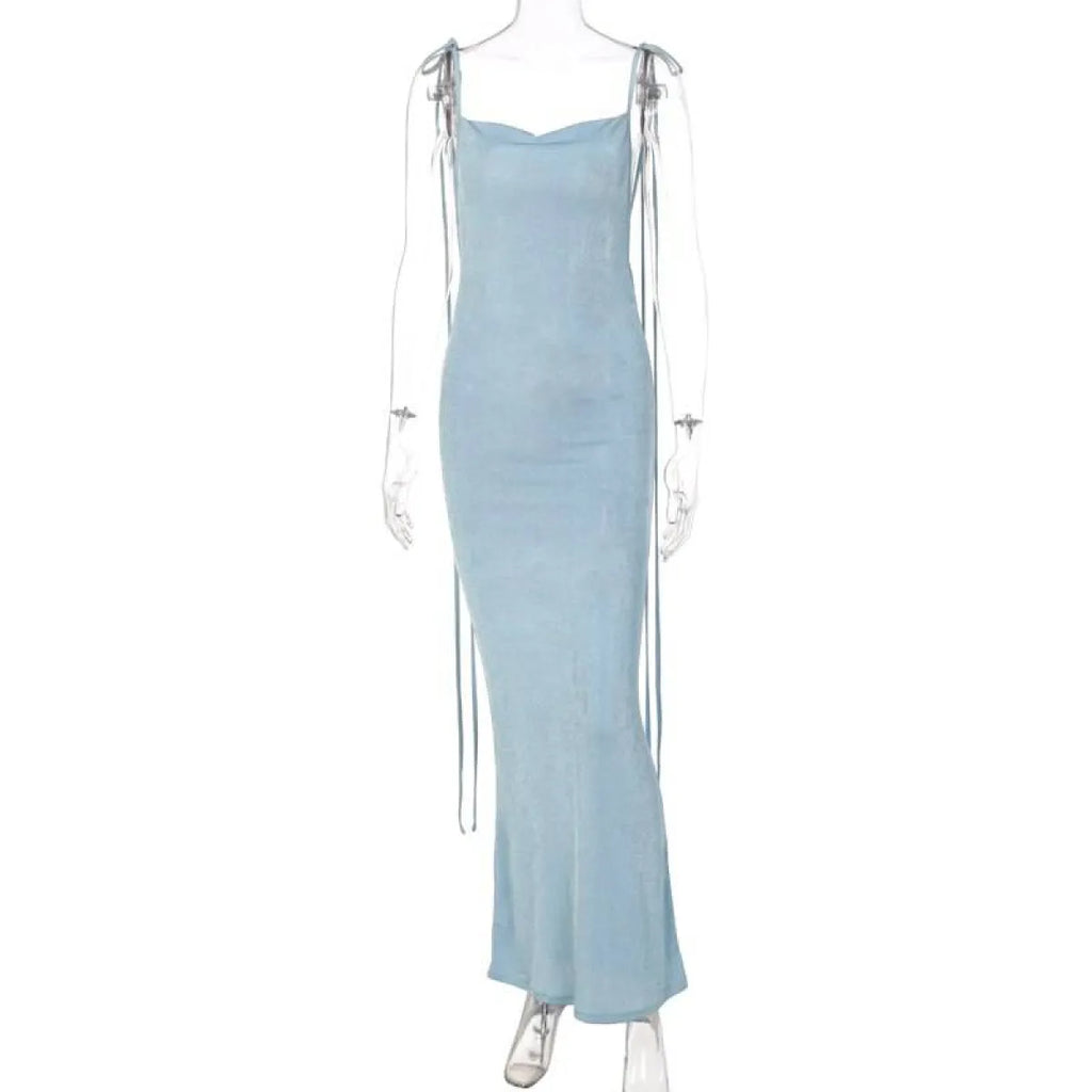 Cowl Neck Spaghetti Strap Backless Maxi Dress | Trailing Tie Back