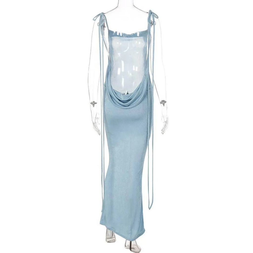 Cowl Neck Spaghetti Strap Backless Maxi Dress | Trailing Tie Back