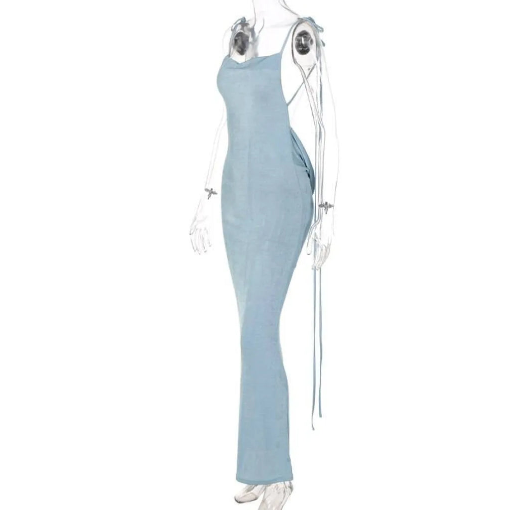Cowl Neck Spaghetti Strap Backless Maxi Dress | Trailing Tie Back