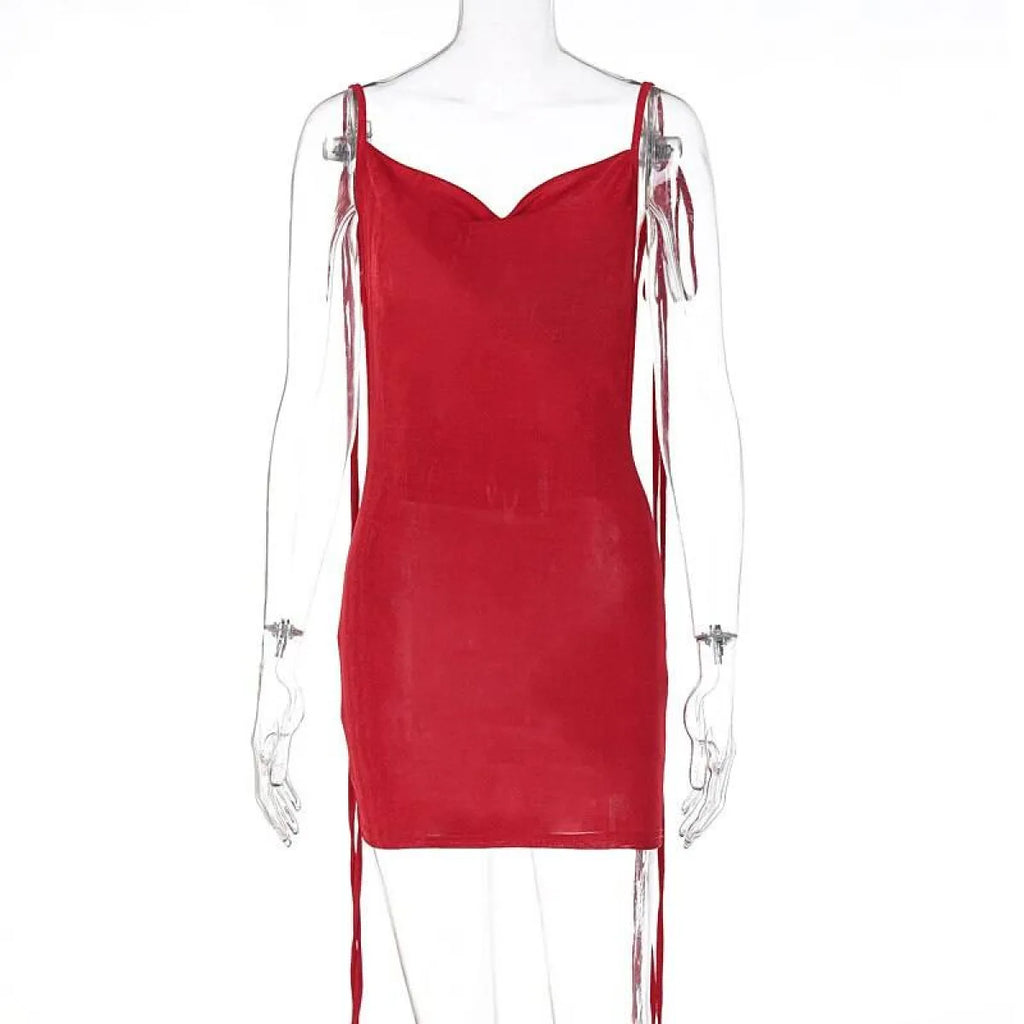 Cowl Neck Spaghetti Strap Backless Maxi Dress | Trailing Tie Back