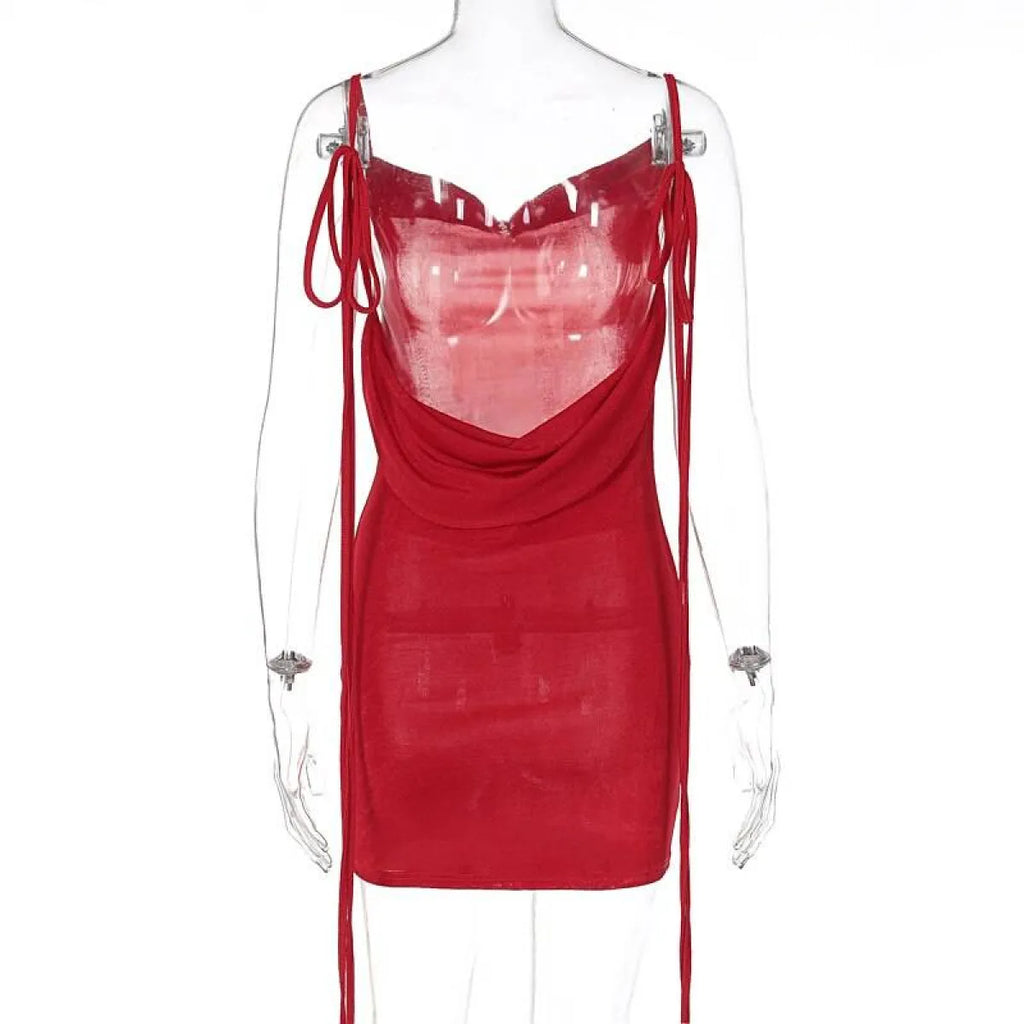 Cowl Neck Spaghetti Strap Backless Maxi Dress | Trailing Tie Back