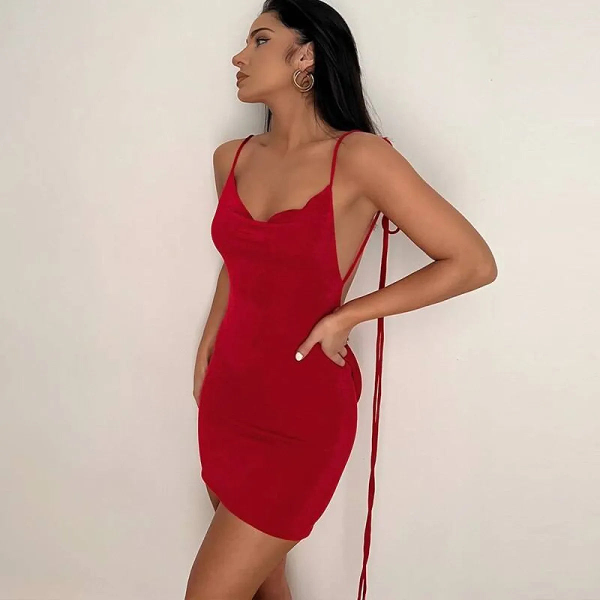 Cowl Neck Spaghetti Strap Backless Maxi Dress | Trailing Tie Back