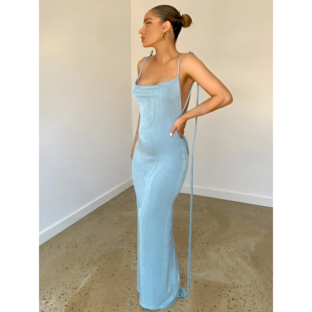 Cowl Neck Spaghetti Strap Backless Maxi Dress | Trailing Tie Back
