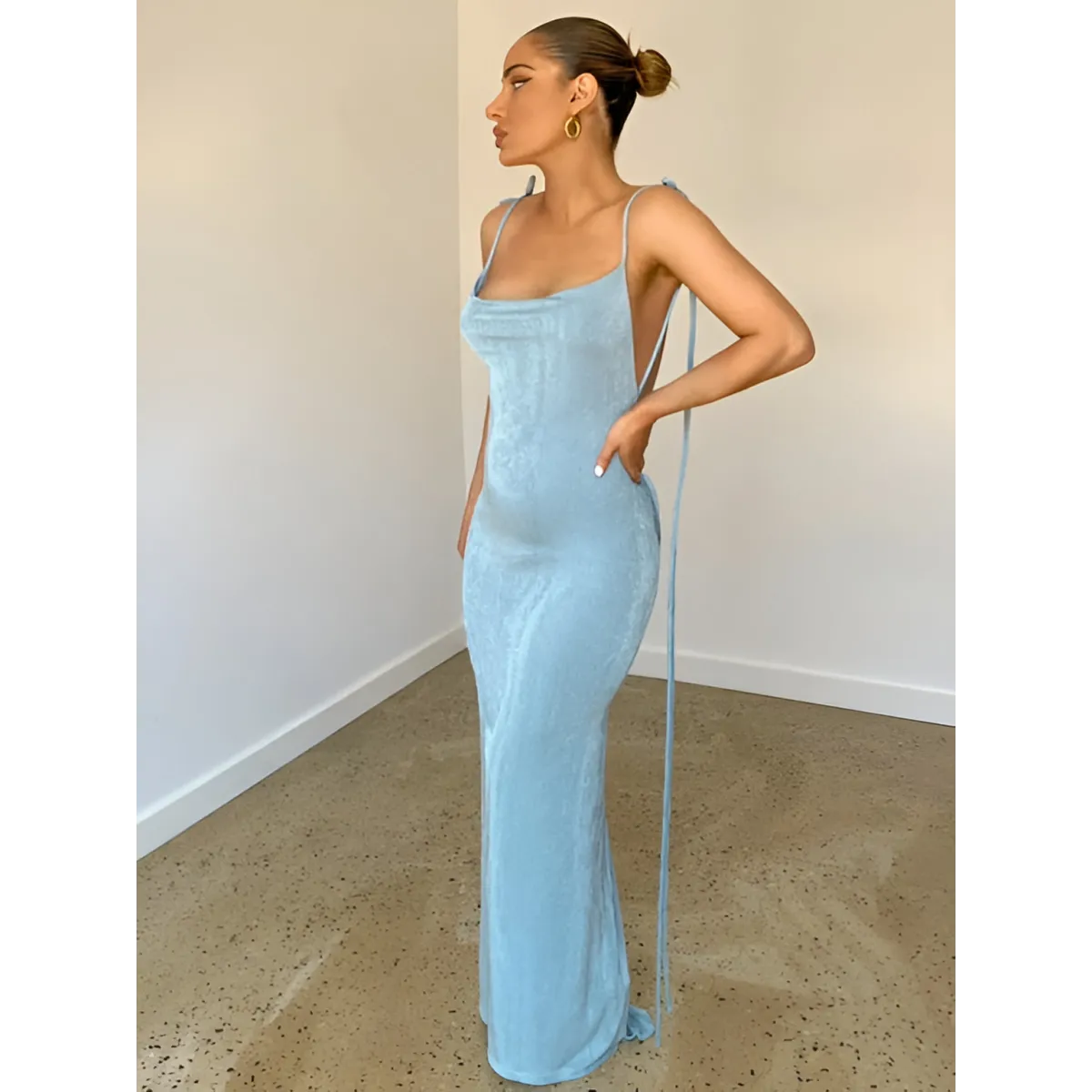Cowl Neck Spaghetti Strap Backless Maxi Dress | Trailing Tie Back