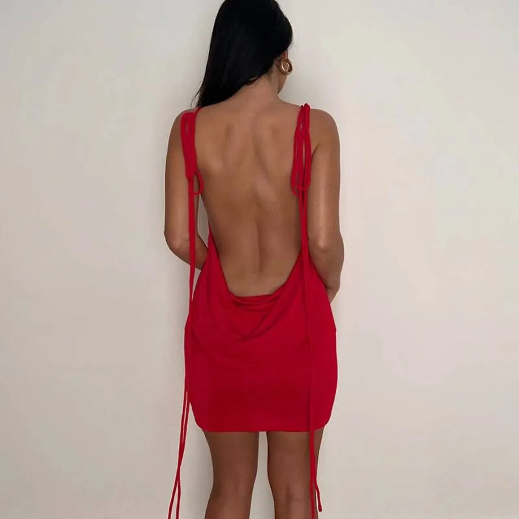 Cowl Neck Spaghetti Strap Backless Maxi Dress | Trailing Tie Back