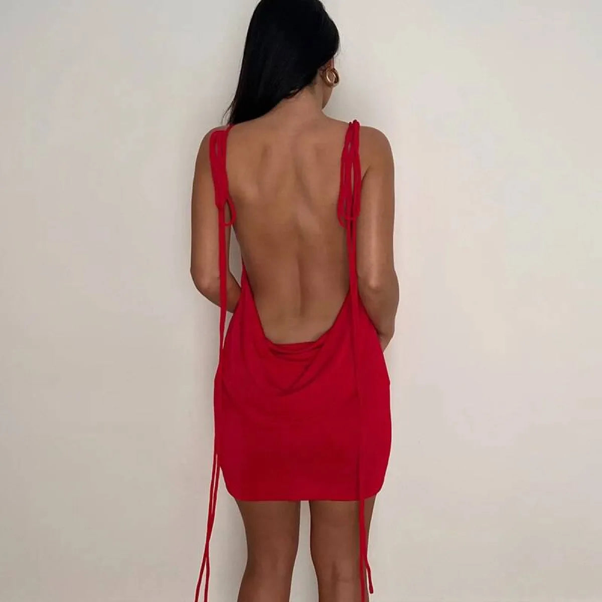 Cowl Neck Spaghetti Strap Backless Maxi Dress | Trailing Tie Back